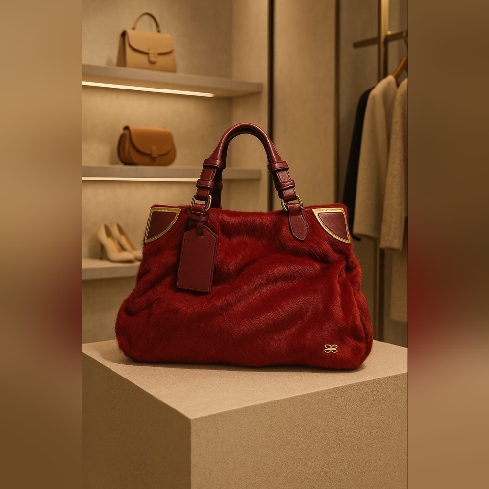 Lancel Paris Luxurious Leather Red Fur Handbag Gold-tone Corner Panels